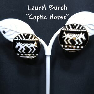 Laurel Burch "Coptic Horse" Earrings, Gold Plated, Black & White Enamel, 1980s